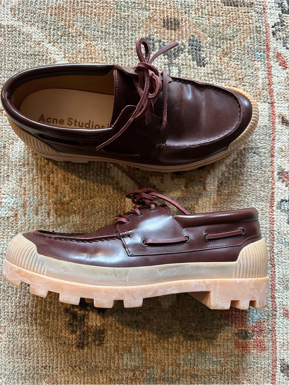 Acne Studio Men’s Burgundy Leather Lug-Sole Boat Shoes
Limited edition